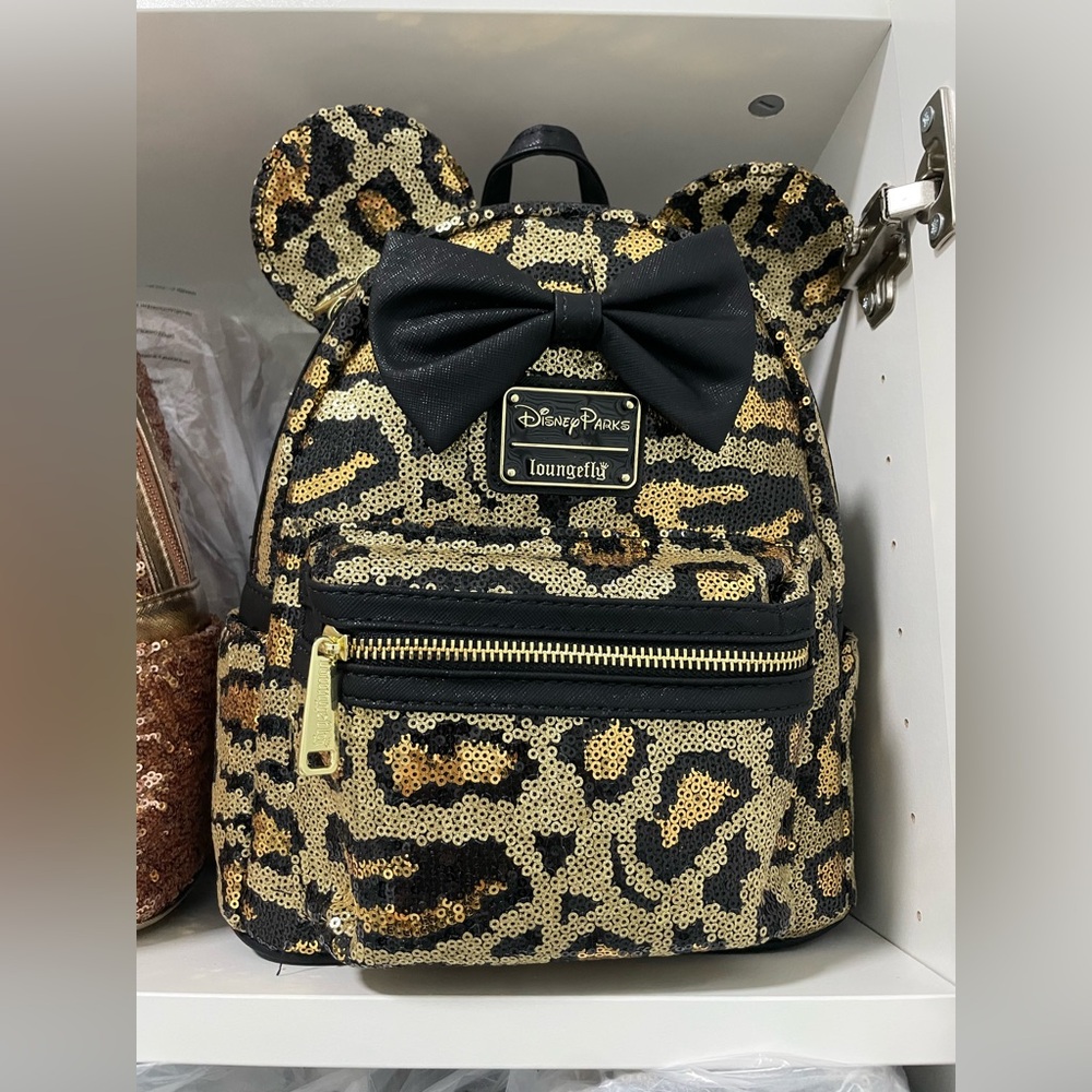 Loungefly Leopard Sequin Backpack with Black Bow NWT